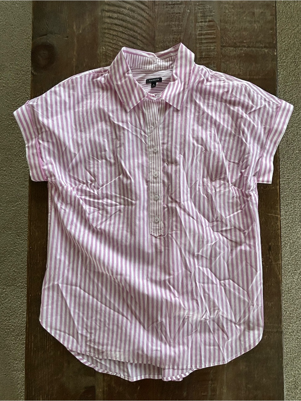 Talbots Women’s Coastal Cap Sleeve Button Down Blouse Pink White Stripes Medium